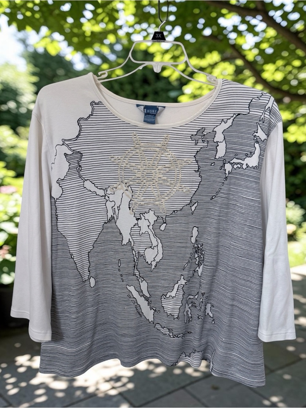 Koret White & Gray Map-Print Long Sleeve Tee with Compass Stitch